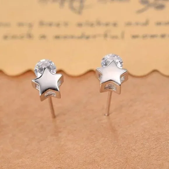 14k Gold Dainty Star Diamonds Stud Earrings Sterling Silver - Picture 4 of 7